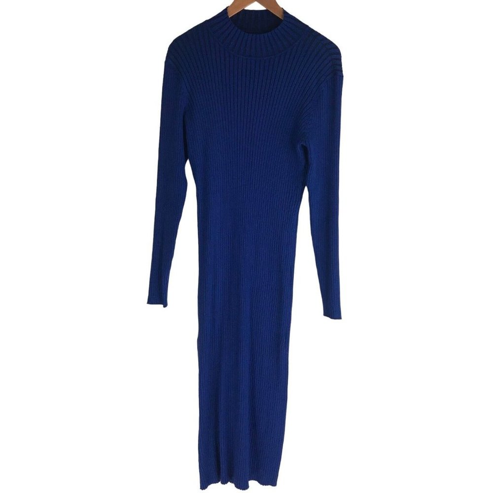Vera Moda Dress Womens‎ Size XXL Sweater Ribbed High Neck Open Back Blue Black